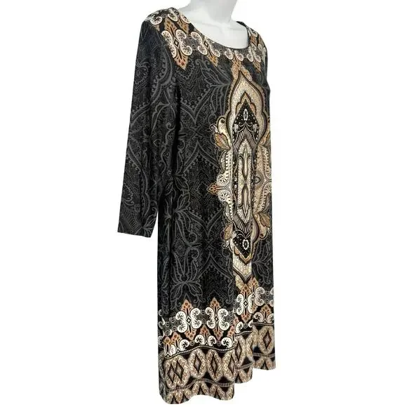 Charter Club Gray Brown Cream Filigree 3/4 Sleeve Sheath Dress Petite size L PL - Picture 5 of 9